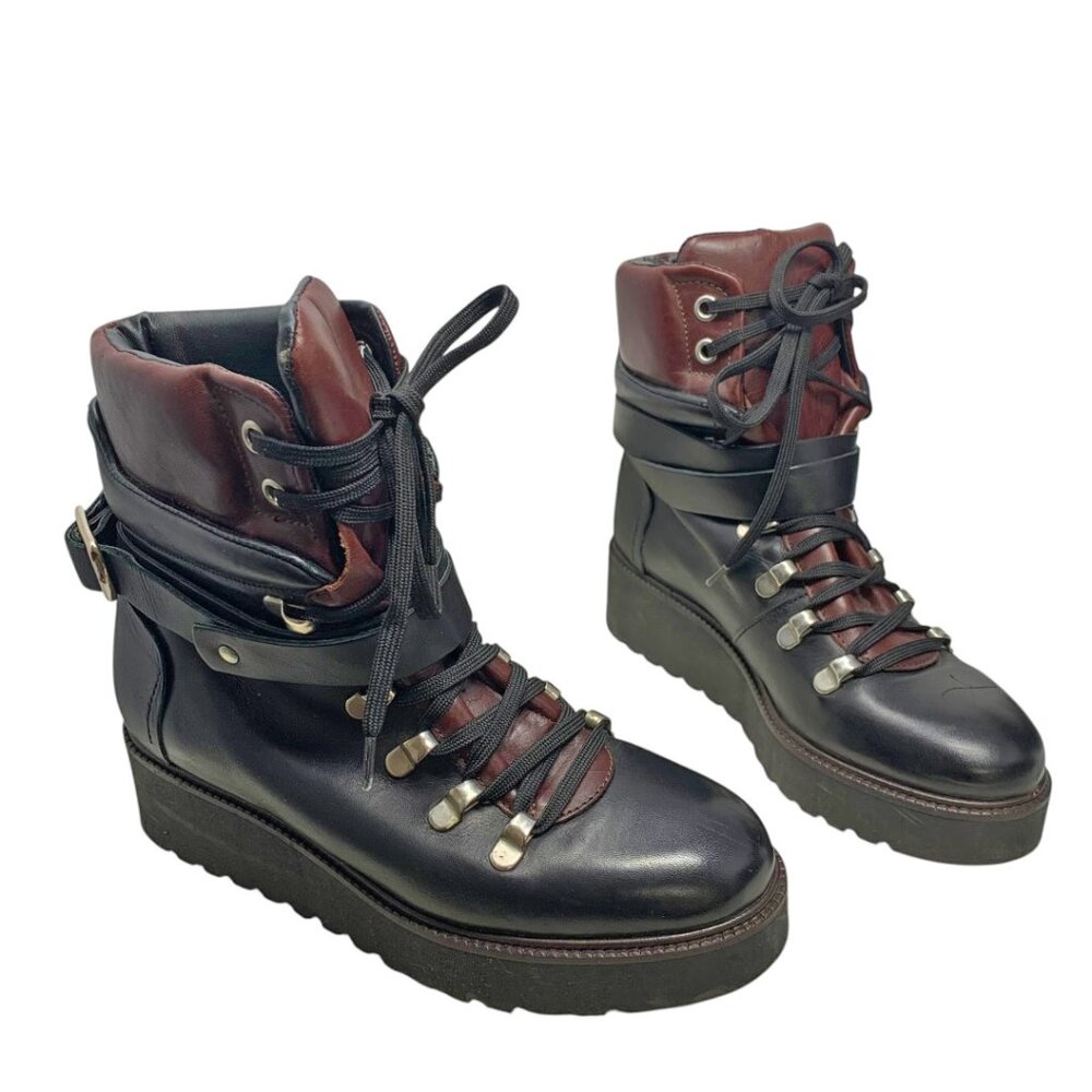 ZARA Black Leather Lace Up Wedge Mountain Booties‎